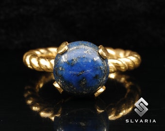 Natural Lapis Lazuli Crystal Rope Twist Ring 24K Gold Vermeil 925 Sterling Silver Round Gemstone Sagittarius Solitaire Ring Spiritual Stone