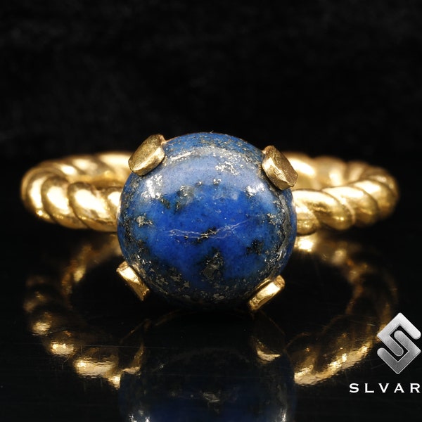 Anillo de torcedura de cuerda de cristal de lapislázuli natural 24K oro vermeil 925 plata de ley piedra preciosa redonda Sagitario solitario anillo piedra espiritual