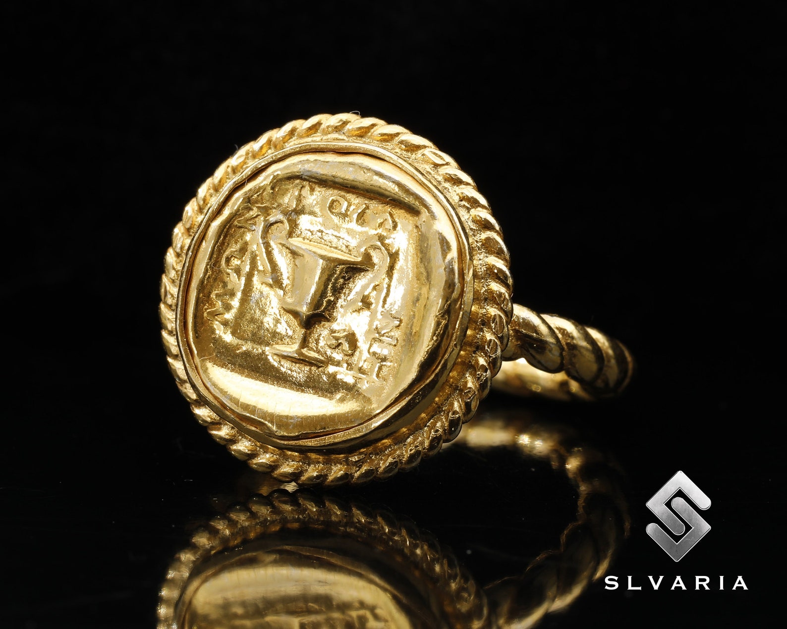Ancient Greek Signet Trophy 24K Gold Plated 925 Silver Coin Ring ...