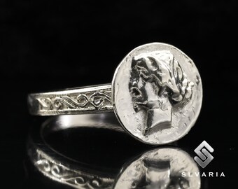 Argento 925 con sigillo della Grecia antica, ritratto di donne, moneta d’argento, anello fatto a mano anti-appannamento, anello delicato, unico, regalo mitologico, anello artistico