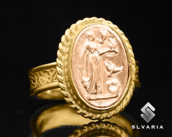 Aphrodite-ring Romeinse kunst, 24-karaats vergulde en 18K vergulde ring, tweekleurige ring, ring met oude Griekse god, 925 zilveren ring, zegelring