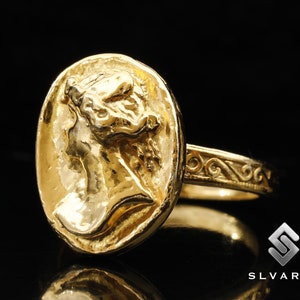 Ancient Greek Coin Woman Portrait 24K Gold Vermeil 925Silver Signet Ring Handmade Unique Dainty Gift Ring Mythological Fancy Art Pinky Ring