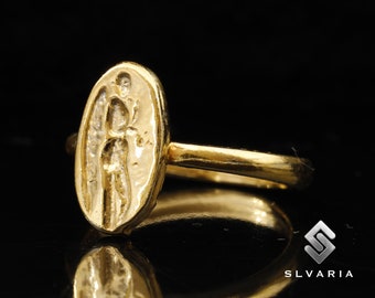 Angel Signet Ring 24K Gold Plated 925 Silver Ancient Greek Coin Handmade Unique Minimalist Ring Mythological Gift Heaven Design Art