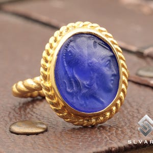Soldier Athena Ring, Unique Pinky Ring, Blue Glass Intaglio Ring, 24K Gold Vermeil Ring, 925 Silver Ring, Minimalist Men&#39;s Ring,Gift For Her
