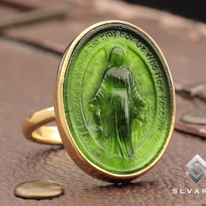 Anillo bañado en oro de 24 quilates, anillo con moneda griega de la Virgen María, anillo con oración por nosotros, anillo de plata de ley 925, anillo con grabado de vidrio, anillo con sello, regalo para ella