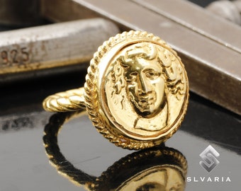 24K Gold Plated Medusa 925 Silver Ancient Greek Signet Silver Coin Ring Handcrafted Unique Dainty Ring Mythological Gift Fancy Art Ring