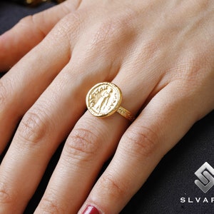 Ancient Greek Coin Woman 24K Gold Vermeil 925 Silver Signet Ring Handmade Unique Dainty Gift Ring Mythological Fancy Lady Art Pinky Ring