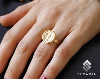 Ancient Greek Coin Woman 24K Gold Vermeil 925 Silver Signet Ring Handmade Unique Dainty Gift Ring Mythological Fancy Lady Art Pinky Ring
