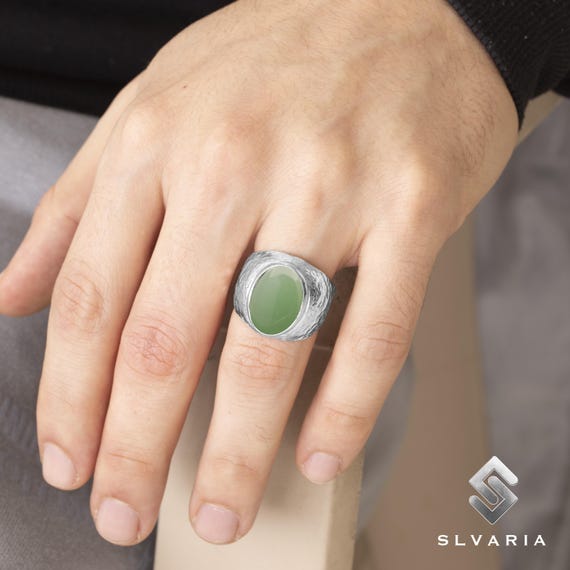 Anello in pietra naturale, anello avventurina, argento grande cabochon anello aperto gioielli per sesso maschile e femminile, regolabile, 10 avventurina verde