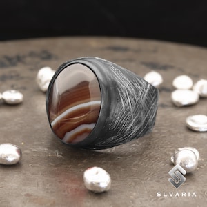 Natural Brown Striped Agate Gemstone Ring, Black Oxidized 925K Silver Oval Solitaire Ring, Striped Healing Crystal Statement Ring for Mens