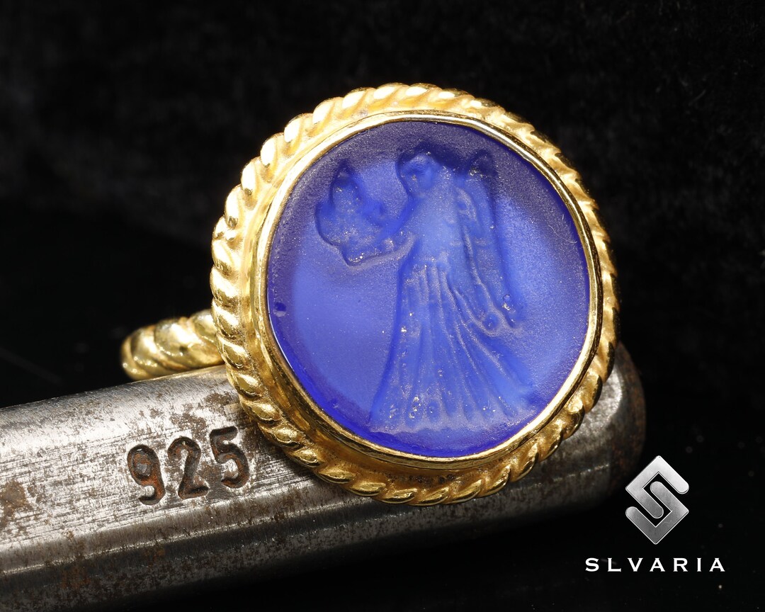 Angel Greek Coin Ring 24K Gold Plated 925 Silver Ancient Glass Intaglio ...