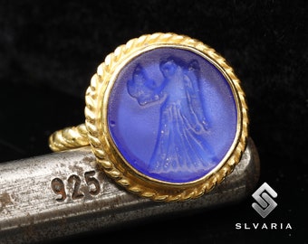 Angel Greek Coin Ring 24K Gold Plated 925 Silver Ancient Glass Intaglio Signet Ring Pinky Ring Mythological Heaven Art Design Ring