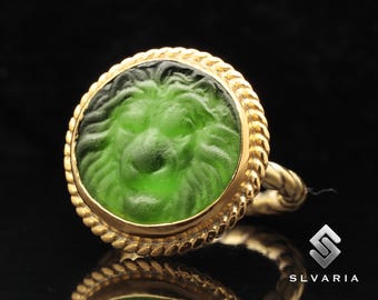 Bague pièce de monnaie du zodiaque lion, chevalière, bague en argent 925 plaqué or 24 carats, taille-douce en verre vert, bague signe astrologique, bague art animalier, cadeau pour lui