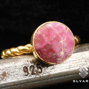 Natural Pink Imperial Jasper Crystal Handmade Rope Twist Ring 24K Gold Vermeil 925 Sterling Silver Round Gemstone Ring Women Protective Ring