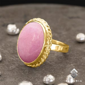 Natural Pink Jade Gemstone Ring, 24K Gold Plated 925 Sterling Silver Ring, Oval Perfect Gift For Her, Statement Ring, Handmade Jewelry Ring