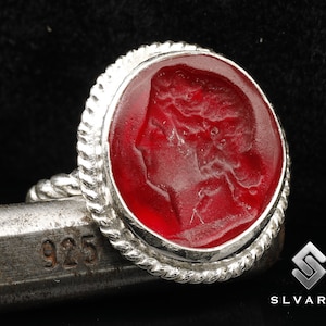 925 Silver Glass Intaglio Fausta Signet Ancient Greek Roman Coin Carved Women Portrait Rope Twist Ring Handmade Turkish Fine Jewelery
