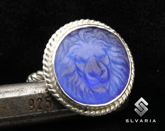 Pièce de monnaie du zodiaque lion chevalière en verre taille-douce corde torsadée bague en argent 925 fait main bijoux fins turcs bague signe astrologique art animalier bague design