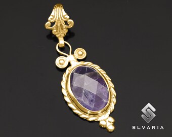 Colgante de amatista exclusivo para mujer bañado en oro de 24 quilates, collar de plata 925, collar hecho a mano, regalo de piedra preciosa de diseño elegante bohemio para ella