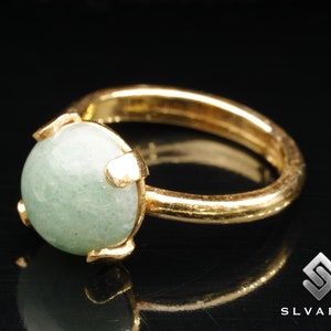 Natural Green Aventurine Crystal Handmade 24K Gold Plated 925Sterling Silver Round Gemstone Libra Ring Women Dainty Solitaire Gift Luck Ring image 4