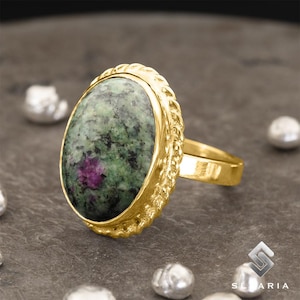 925 Sterling Silver 24K Gold Plated, Ruby Zoisite Stacking Ring, Anyolite Gemstone Ring, Women's Ring, Unique Pinky Ring, Wife Gift