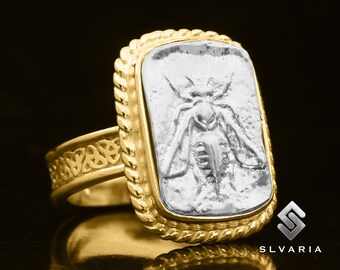 Custom Ring, Honey Bee Ring, 24K Gold Plated Ring, Two Tone Ring, 925 Silver Ring, Greek Coin Ring, Signet Coin Ring, Personalized Ring