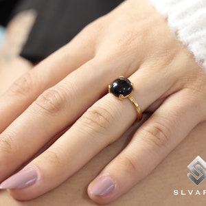 Natural Black Onyx Crystal Handmade 24K Gold Plated 925 Sterling Silver Round Gemstone Ring Leo Women Dainty Solitaire Gift Depression Ring