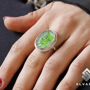 925 Silver Glass Intaglio Owl Coin Signet Rope Twist Ring Handmade Turkish Fine Jewelery Unique Dainty Bohemian Ring Animal Art Design Ring