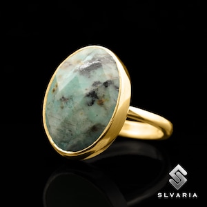 Natural Faceted African Turquoise Stacking Ring, Gemstone Ring, 24K Gold Plated 925 Sterling Silver,Women&#39;s Ring,Meditation Handmade Jewelry