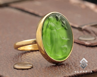 Zegelring Griekse god Aphrodite, 24-karaats vergulde ring, 925 sterlingzilveren ring, glazen diepdruk muntring, perfect cadeau voor haar, handgemaakt
