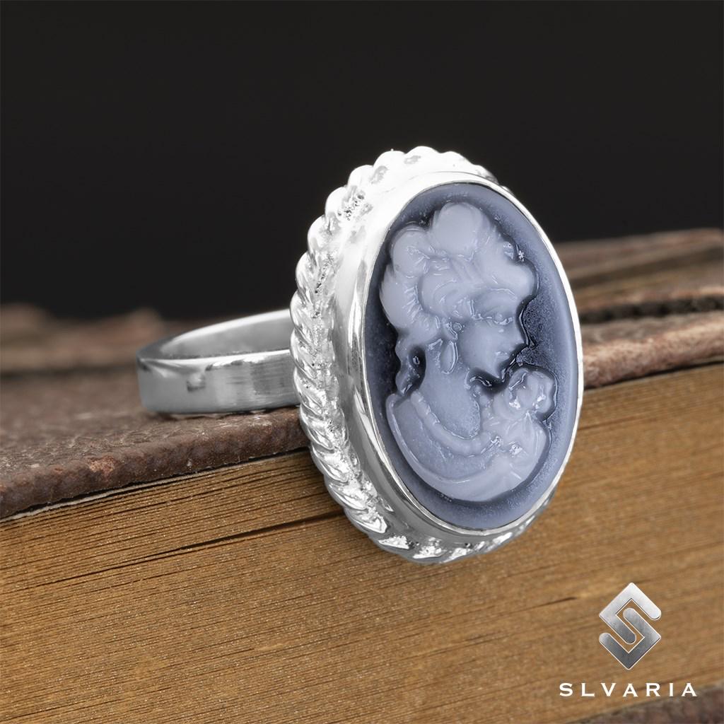 Bague Argent 925 Avec Pierre Lucite Irisée - Taille 53, Occasion En Bon état - Bijou Vintage Sans Marque