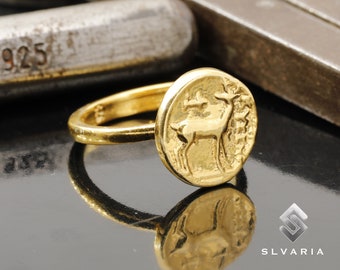 Anillo de plata 925 con moneda de plata de ciervo de sello griego antiguo chapado en oro de 24 quilates, Arte romano minimalista, Regalo mitológico único, Anillo de arte animal elegante
