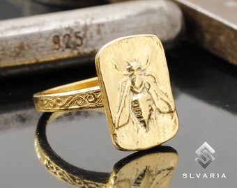 Ancient Greek Coin Honey Bee 24K Gold Vermeil 925 Silver Signet Ring Handmade Unique Dainty Ring Mythological Fancy Animal Art Pinky Ring
