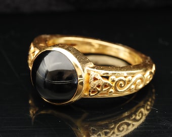 Natural Black Onyx Crystal Triquetra Design Handmade Ring 24K Gold Plated 925 Sterling Silver Ring Round Gemstone Leo Gift Ring Energy Stone