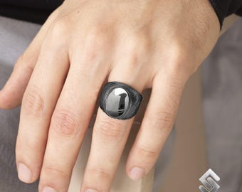 Hammered Men&#39;s Natural Hematite Gemstone Ring, Black Oxidized 925K Silver Handmade Unisex Ring, Healing Strength Ring for Mens & Women&#39;s