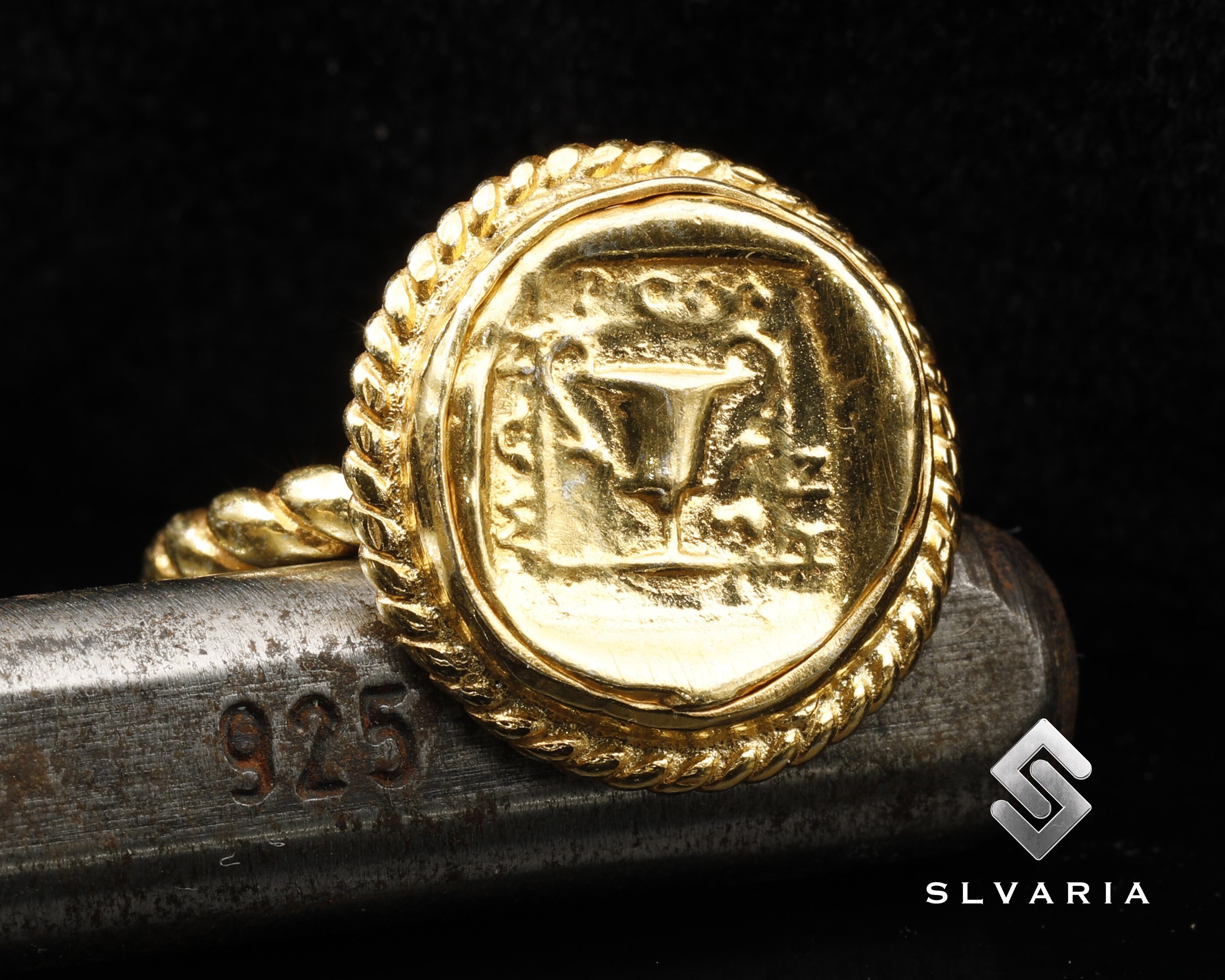 Ancient Greek Signet Trophy 24K Gold Plated 925 Silver Coin Ring ...