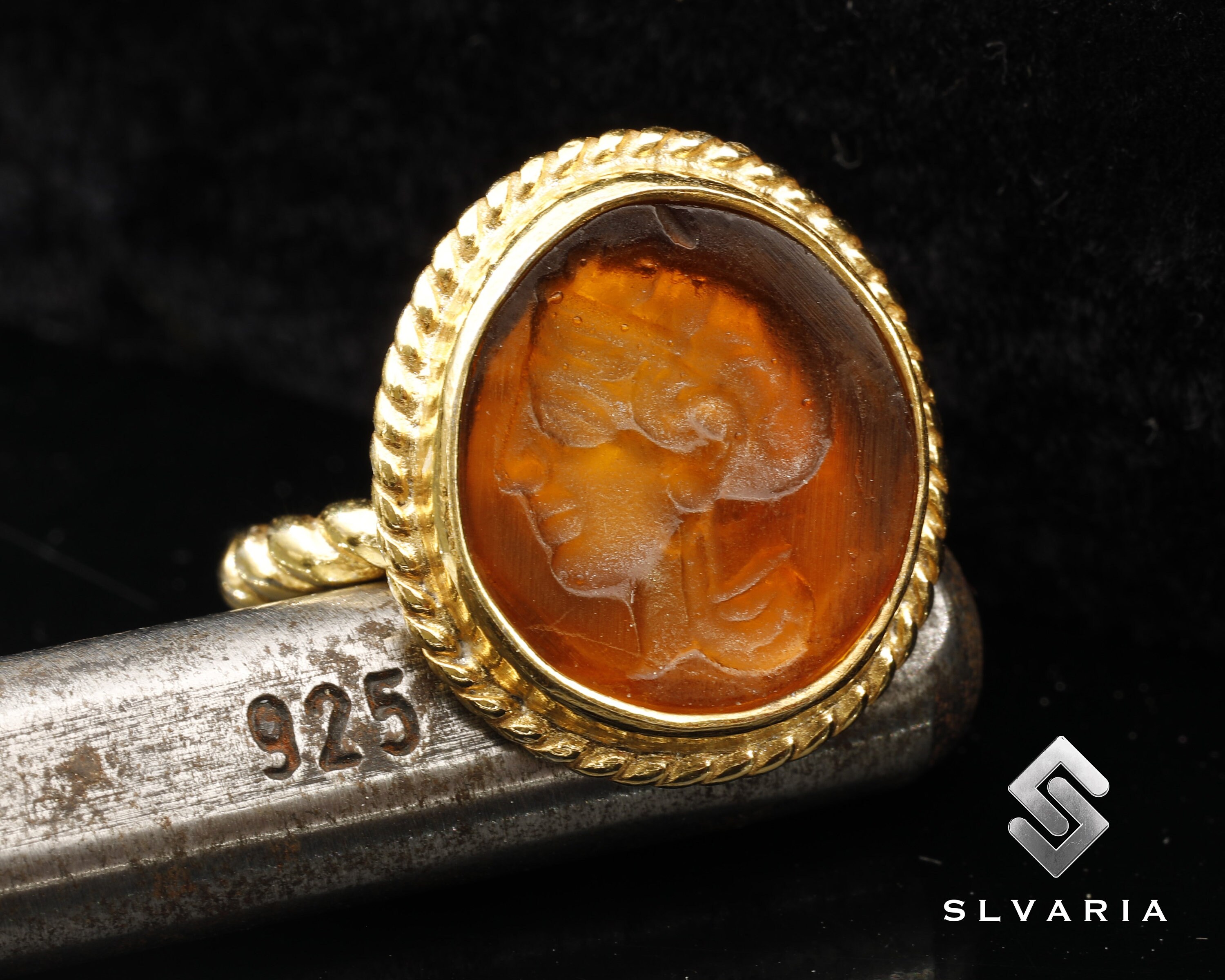 Athena Greek Coin Signet Ancient Glass Intaglio 24K Gold Plated 925 ...