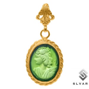 Women Lady Portrait Necklace Pendant, 24K Gold Plated 925 Silver Pendant, Ancient Glass Intaglio Pendant, Greek Pendant, Minimalist Pendant