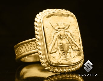 Honey Bee Ring, 24K Gold Plated Ring, 925Silver Ring, Ancient Greek Coin Ring, Signet Coin Ring, Personalized Ring, Men's Ring, Women's Ring