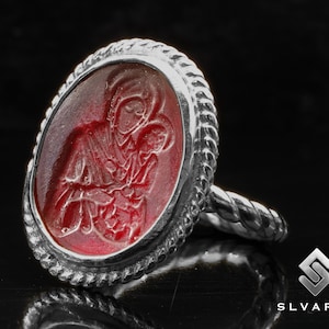 Anillo de moneda de la Virgen María, plata de ley 925 oxidada negra, anillo de intaglio de vidrio rojo, anillo de banda negra, anillo de moda único, anillo de mujer