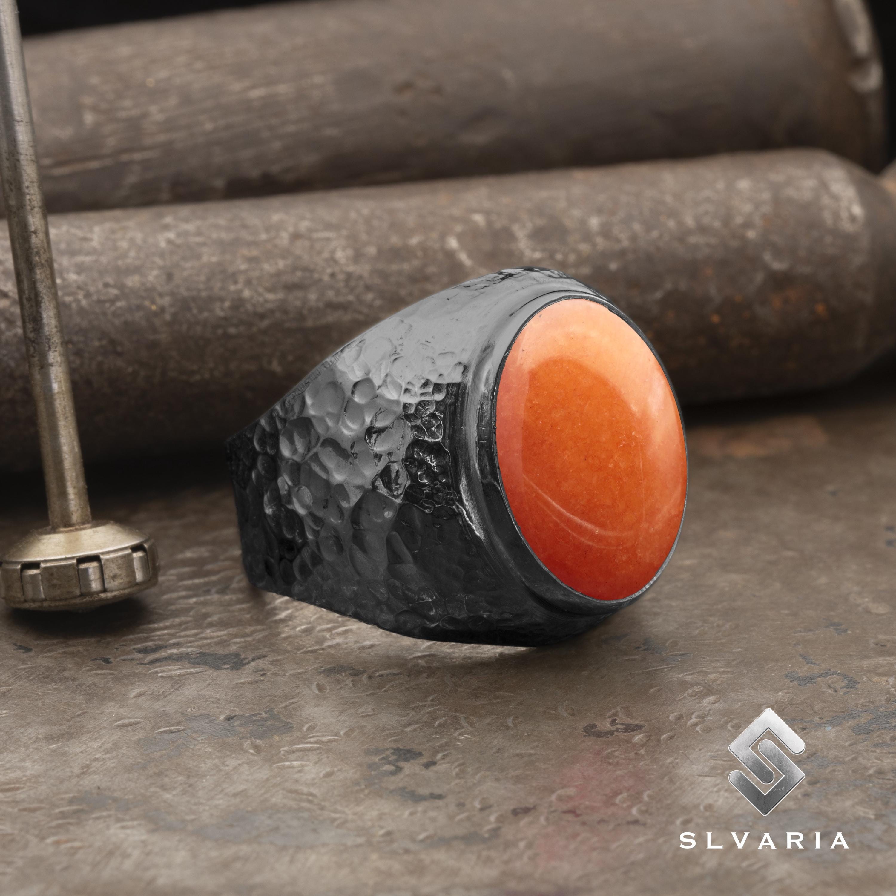 925er Silberring natürlicher oranger Aventurin-Edelsteinring, schwarz oxidierter handgefertigter Unisex-Ring, gehämmerter Herrenring für Herren- & Damengeschenk