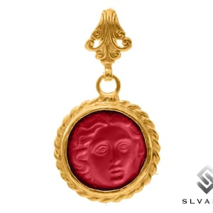 Medusa Ancient Greek Pendant, 24K Gold Plated Necklace, 925 Sterling Silver Pendant, Glass Intaglio, Minimalist Pendant Jewelery, Greek God