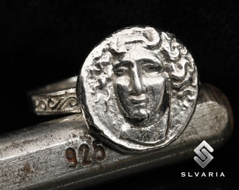 925 Silver Ancient Greek Signet Medusa Silver Coin Ring Handmade Anti-Tarnish Unique Dainty Ring Mythological Gift Fancy Snake Art Ring