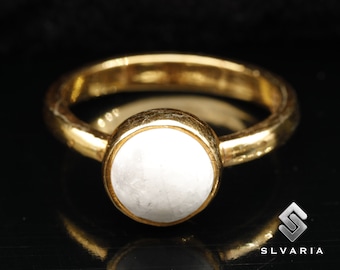 24K Gold Plated Natural Howlite Crystal Handmade 925 Sterling Silver Round Gemstone Gemini Ring Women Design Wedding Gift Ring Calming Stone