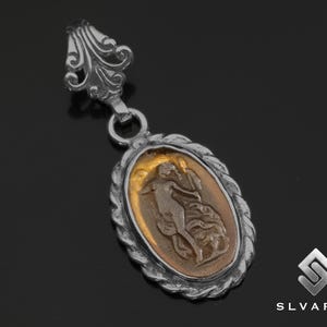 Orange Aphrodite Ancient Greek Pendant, Signet Pendant, Black Oxidized 925 Sterling Silver Pendant, Glass Intaglio, Boho Pendant Jewelery