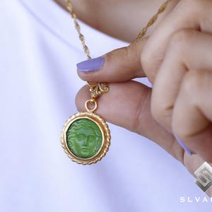 Medusa Ancient Greek Pendant, 24K Gold Plated Necklace, 925 Sterling Silver Pendant, Glass Intaglio, Boho Pendant Jewelery, Greek God