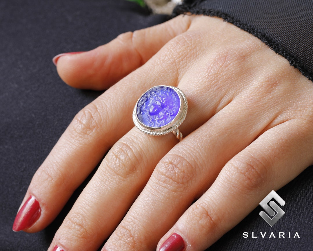 925 Silver Ancient Glass Intaglio Medusa Coin Signet Rope Twist Ring ...