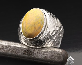 Bague martelée pour homme en jaspe impérial jaune jaune naturel, bague unisexe faite main en argent 925 carats, bague bohème pour homme et femme