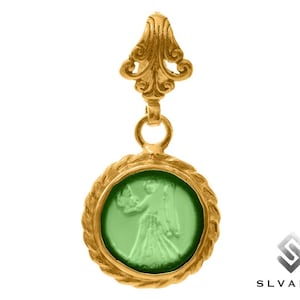 Angel Greek Coin Pendant, 24K Gold Plated 925 Silver Pendant, Ancient Glass Intaglio Pendant, Mythological Heaven Necklace Gift For Her