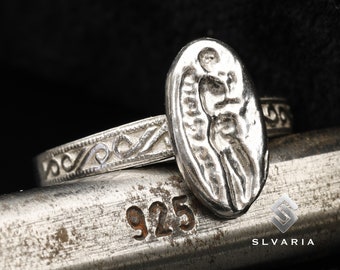 Pièce de monnaie grecque antique en argent 925, chevalière ange faite à la main, bague délicate unique anti-ternissement, cadeau mythologique, bague artistique fantaisie paradisiaque