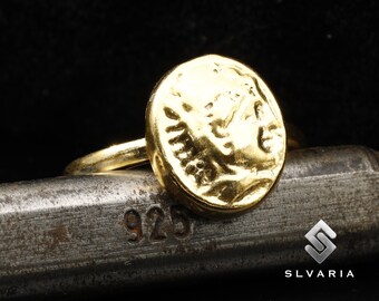 24K Gold Plated 925 Silver Ancient Roman Coin Man Portrait Signet Ring Handmade Unique Dainty Ring Mythological Gift Fancy Art Design Ring